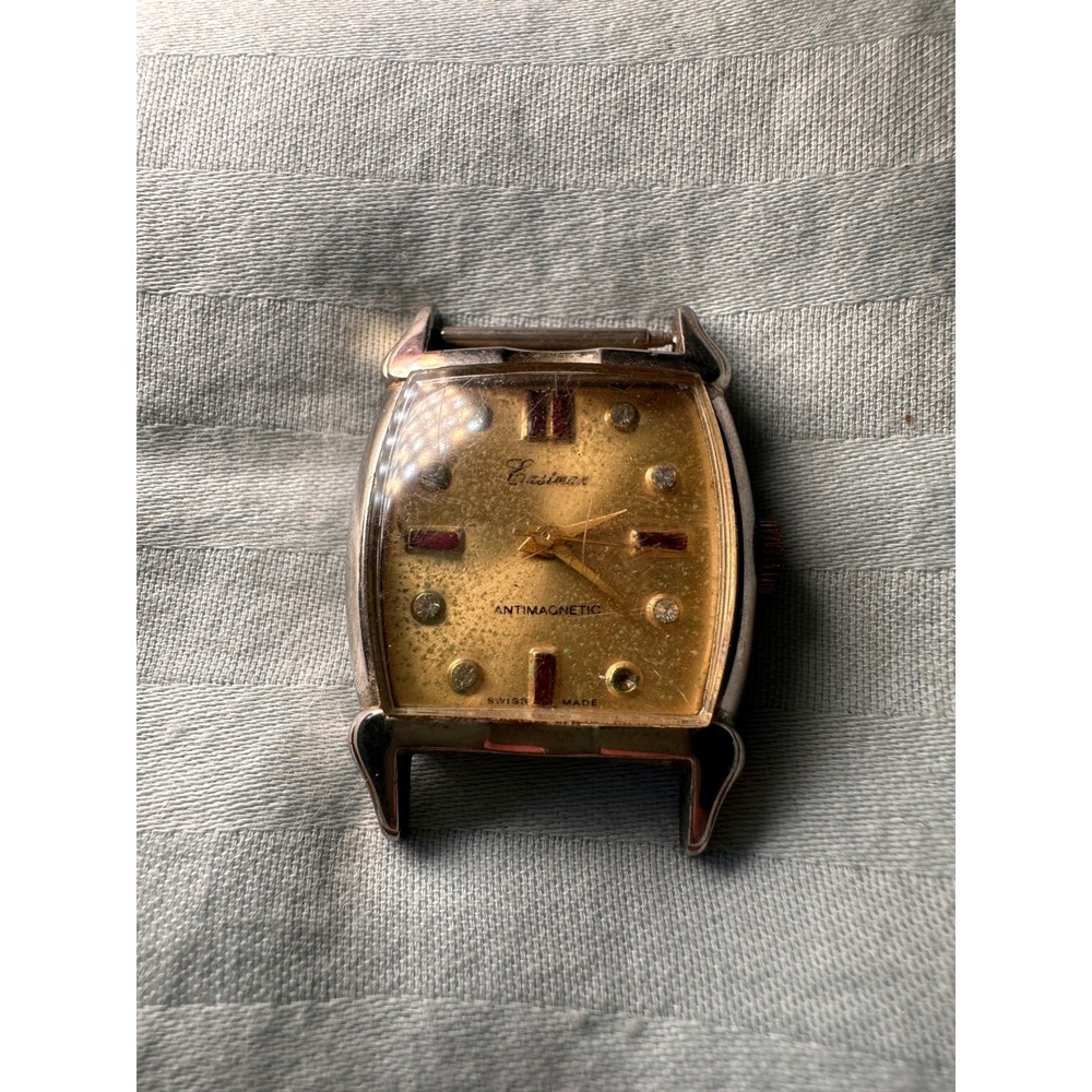 Vintage Eastman Antimagnetic Swiss Watch Head Gold Tone Ruby Rhinestone Dial